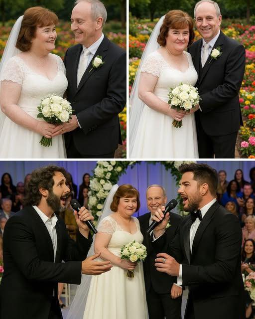 Susan Boyle surprised the world by walking down the aisle in a fairy-tale wedding, officially tying the knot after years of keeping her love life private. But the most breathtaking moment came when two vocal powerhouses—Josh Groban and Adam Lambert—made an unannounced appearance. Together, they performed a heartfelt ballad as a gift to the newlyweds. Their voices blended in perfect harmony under shimmering lights, and as Susan shed tears of joy, the crowd was visibly moved. The outdoor venue, filled with 20,000 guests, fell into a hush, overwhelmed by the emotion and magic of the moment. It was a wedding for the ages—one no one will ever forget.