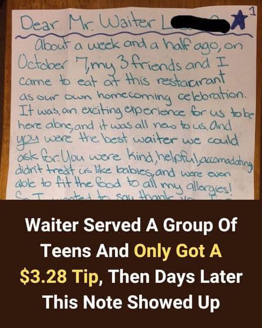 $3.28 tip irritates the waiter. When an unexpected letter arrives days later, eyes widen.